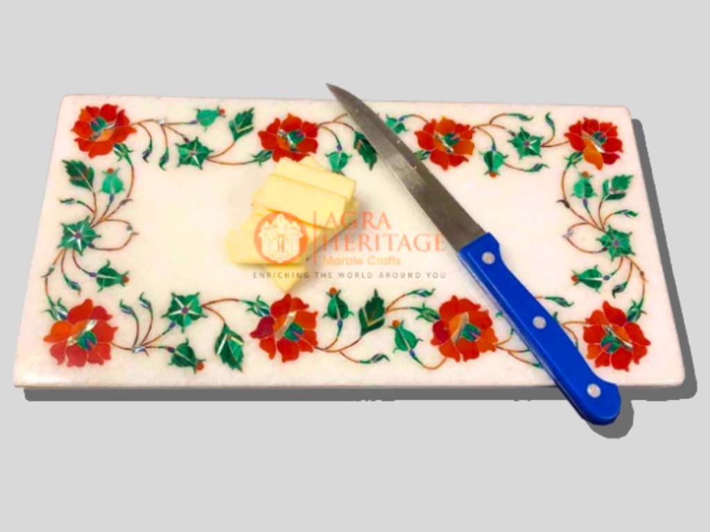 White Marble Cheese Board Carnelian Malachite Inlay Arts